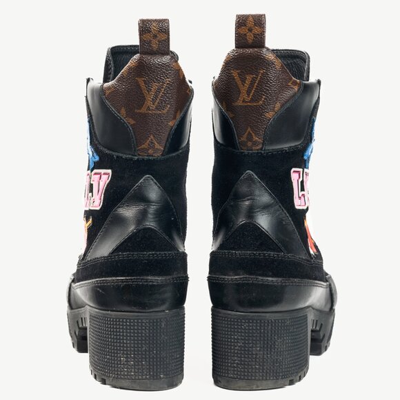 Louis Vuitton Laureate Black Suede & Monogram Canvas Patch-Applique Boots - Picture 3 of 12